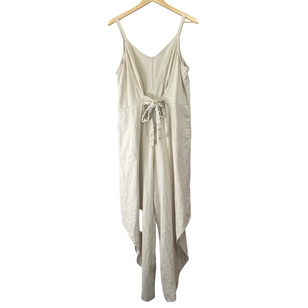 MSK Jumpsuit Womens Large Beige Tie Back Wide Leg Boho Linen Blend